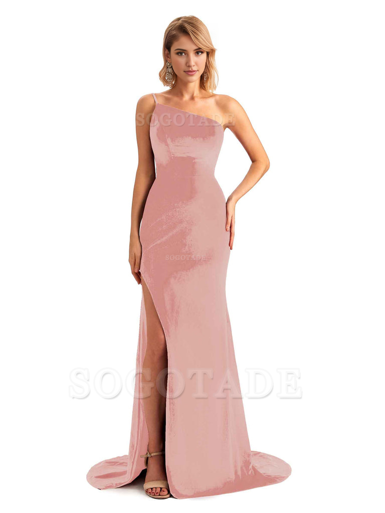 Sexy Side Slit Mermaid Spaghetti Straps One Shoulder Formal Velvet Long Bridesmaid Dresses