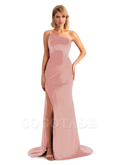 Sexy Side Slit Mermaid Spaghetti Straps One Shoulder Formal Velvet Long Bridesmaid Dresses