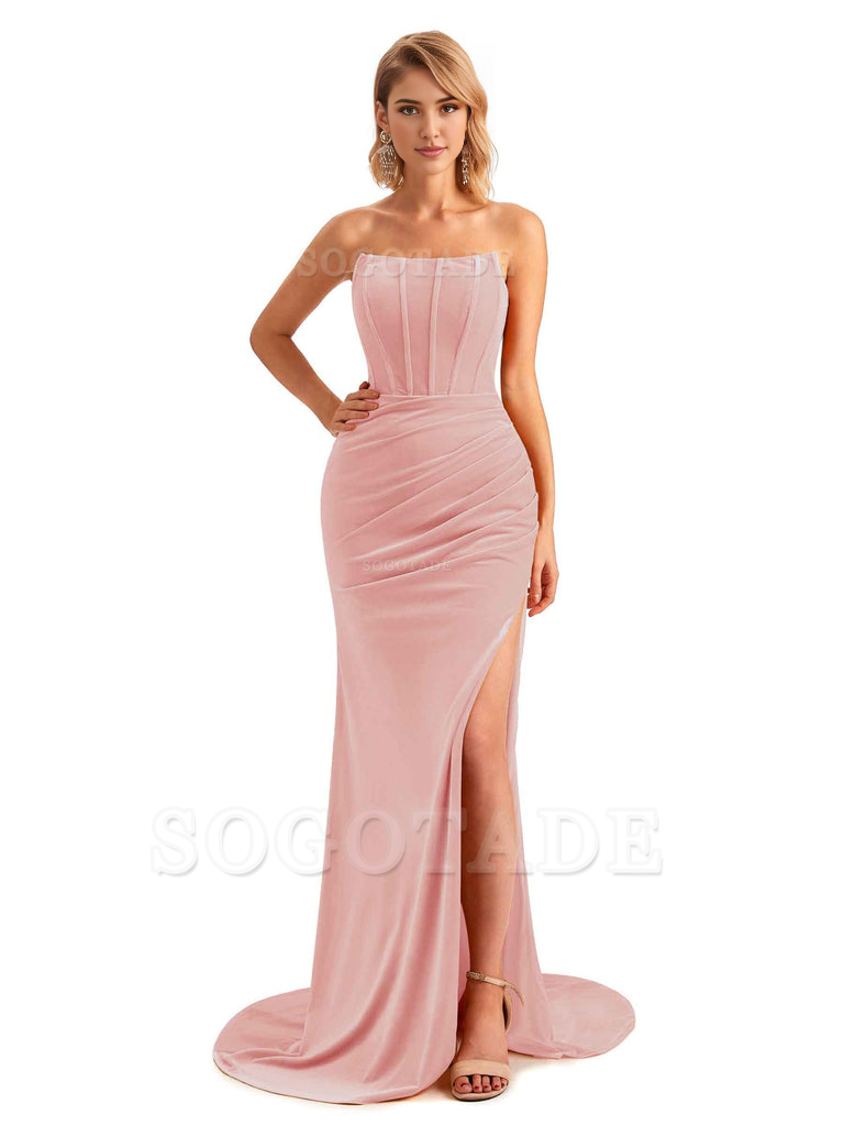  Sexy Side Hight Slit Sleeveless Mermaid Strapless Velvet Long Bridesmaid Dresses Online
