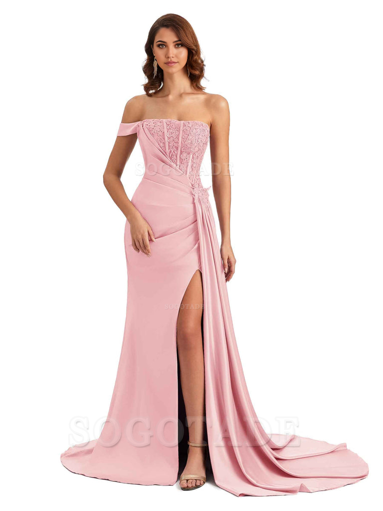 Mermaid Off Shoulder Applique formal dresses evening gown Bridesmaid Dresses With Side Slit 