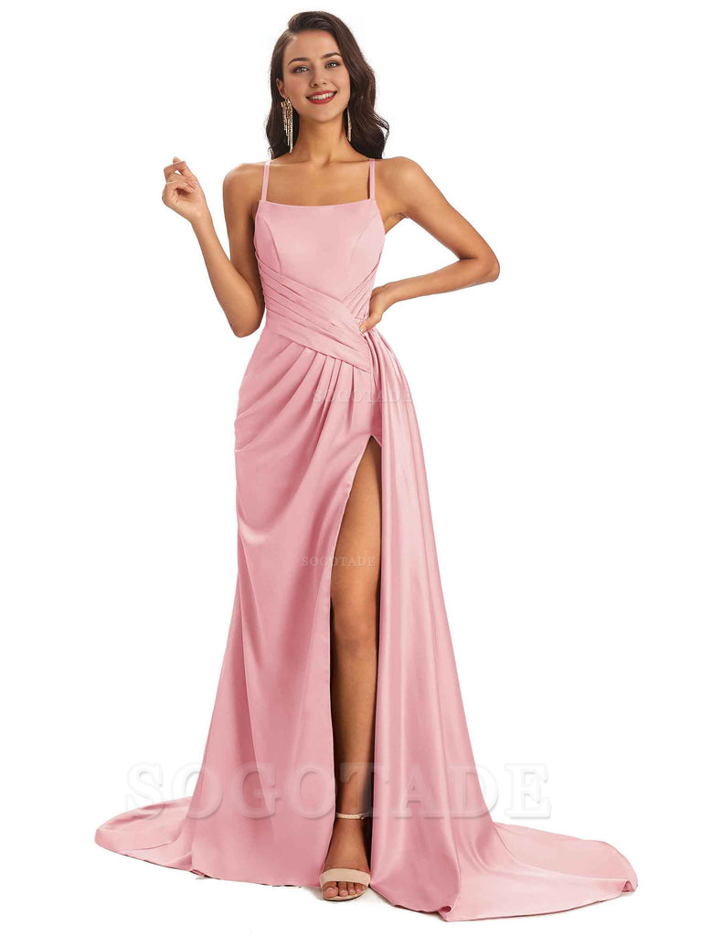 Sexy Soft Satin Side Slit Spaghetti Straps Long Maxi Bridesmaid Dresses prom shop dresses