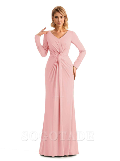 Elegant Simple Mermaid Pleats V-neck Long-Sleeves Floor Length Long Formal Bridesmaid Dresses