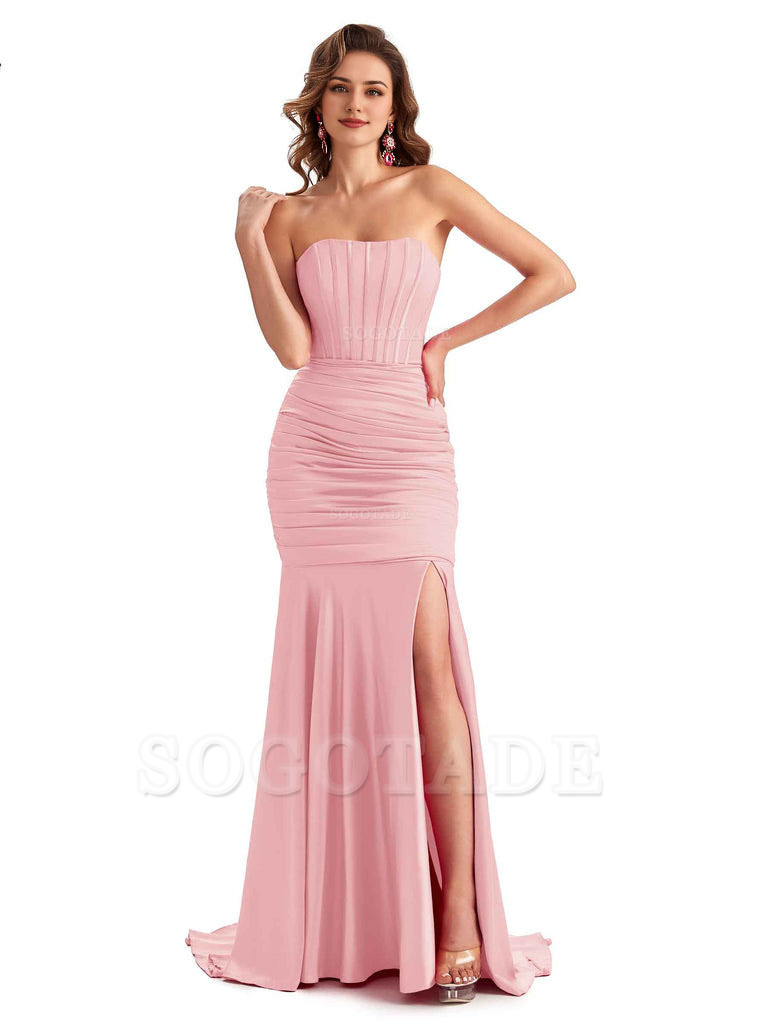 Sexy Strapless Side Slit Mermaid Silky Satin Formal Bridesmaid Dresses