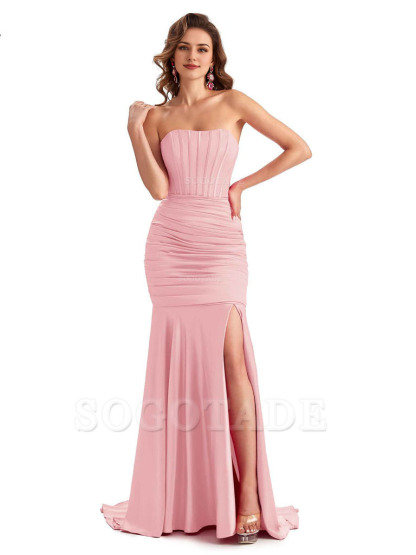 Sexy Strapless Side Slit Mermaid Silky Satin Formal Bridesmaid Dresses