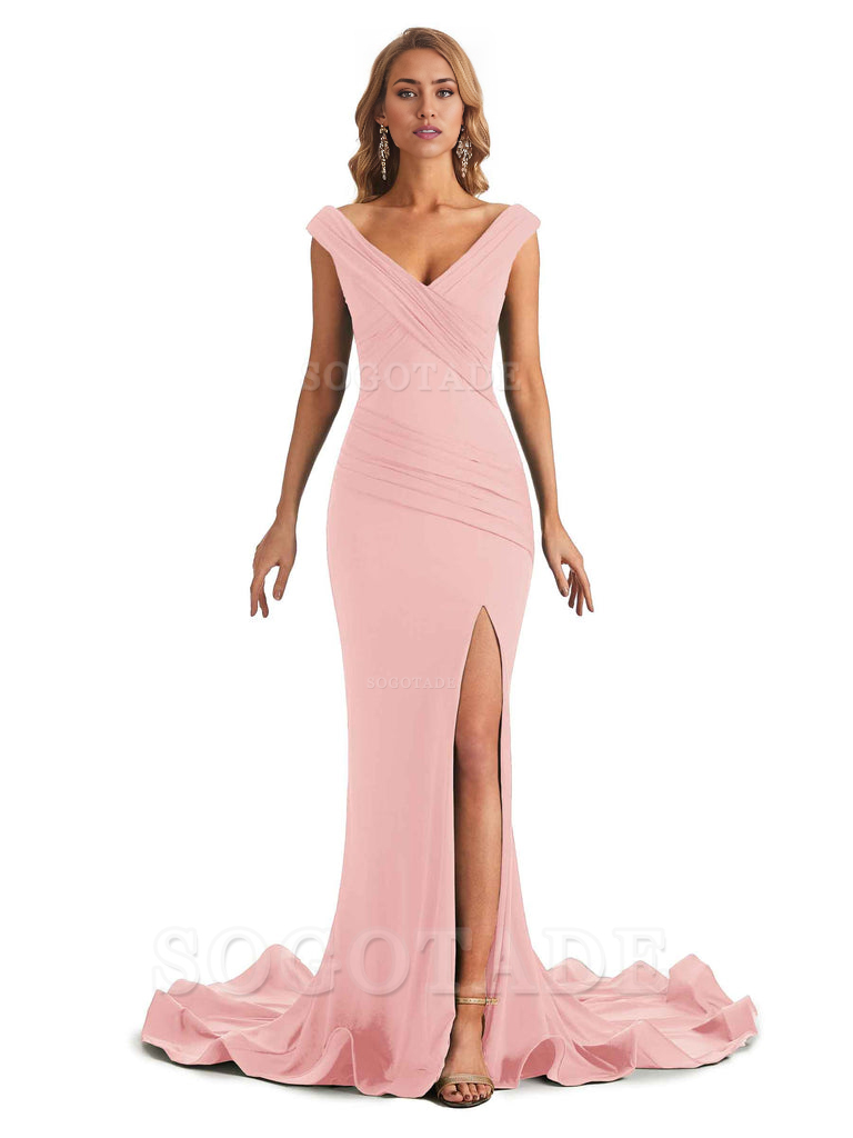 Sexy Mermaid V-Neck Off The Shoulder Side Fork Long Fashion Bridesmaid Dresses Formal Women's Dresses Wedding Guests Dresses