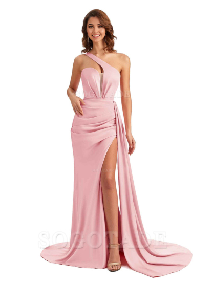 Mermaid One Shoulder Satin formal dresses evening gown Bridesmaid Dresses With Side Slit