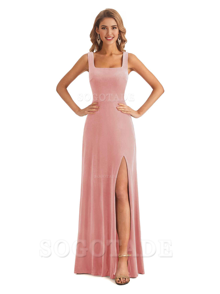 Elegant A Line Sheath Velvet Square Side Fork Long Bridesmaid Dresses 