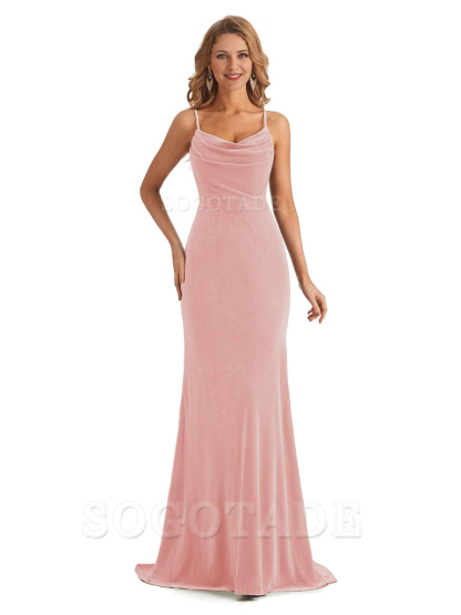 Elegant High Quality Mermaid Spaghetti Straps Cowl Velvet Side Slit Long Exquisite Bridesmaid Dresses Formal Women's Dresses Wedding Guests Dresses