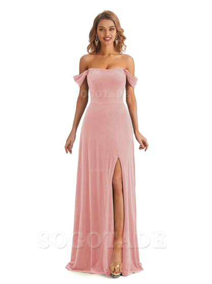 Elegant Mermaid Off The Shoulder Unique Velvet Side Slit Backless Long Bridesmaid Dresses Formal Wear Dresses