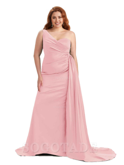 Sexy One Shoulder Sleeveless Mermaid Soft Satin Long Plus Size With Train Bridesmaid Gowns