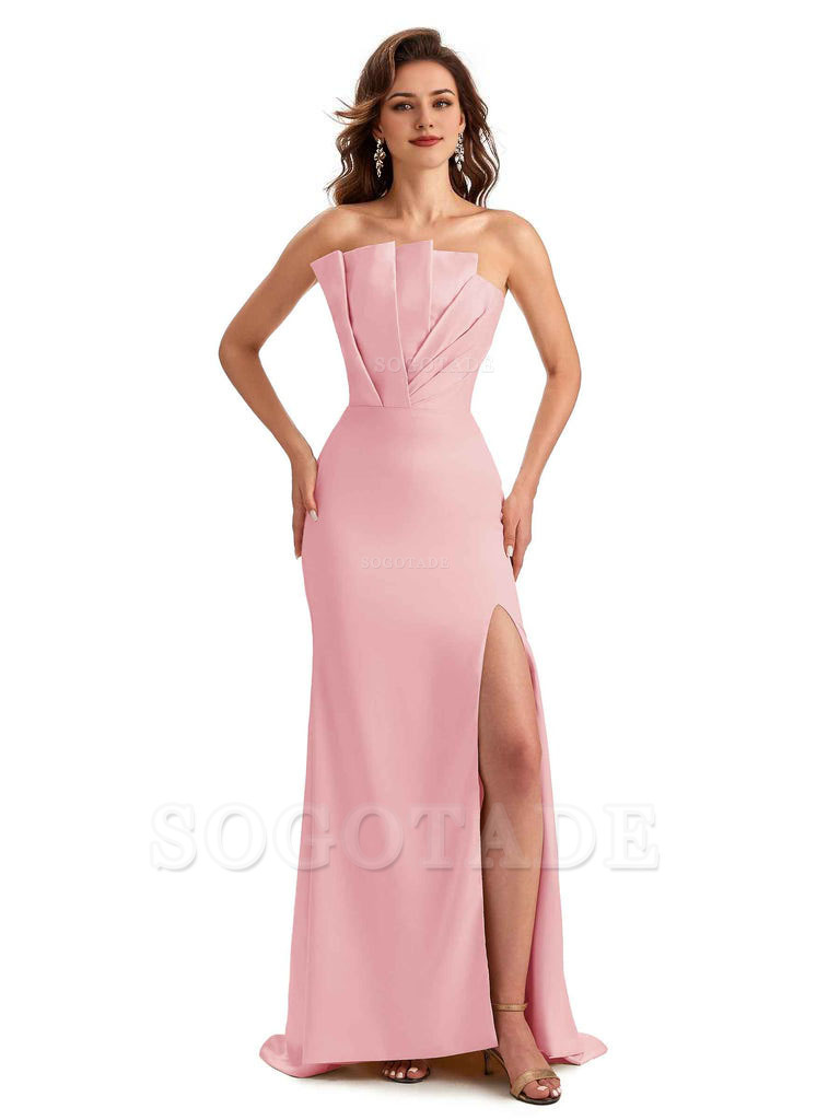 Unique Soft Satin Side Slit Asymmetrical Neckline Mermaid Long Bridesmaid Dresses