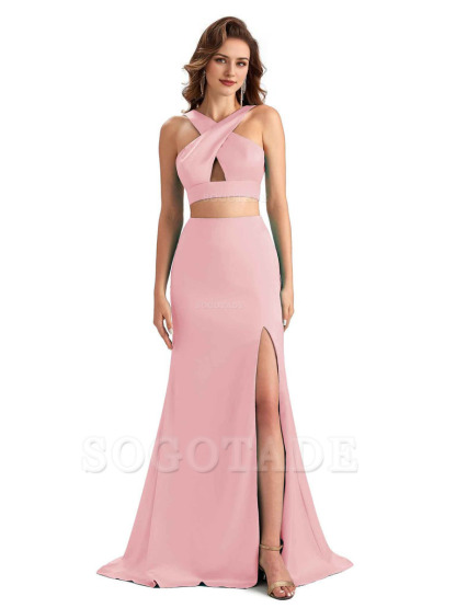 Sexy Side Slit Mermaid Silky Satin Halter Two Pieces Unique Long Bridesmaid Dresses