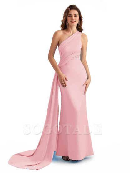 Sexy Mermaid Silky Satin One Shoulder Lace See Through Long Bridesmaid Dresses Online