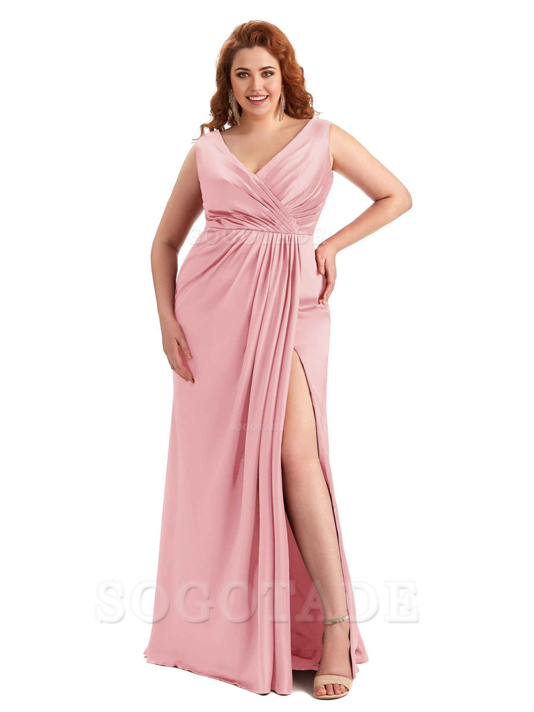 Mermaid V-Neck Satin formal dresses evening gown Bridesmaid Dresses With Side Slit 