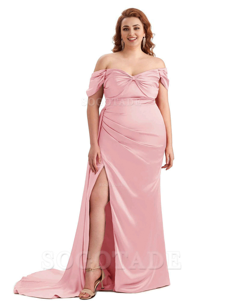  Sexy Side Slit Off The Shoulder Mermaid Soft Satin Long Plus Size Bridesmaid Dress For Wedding