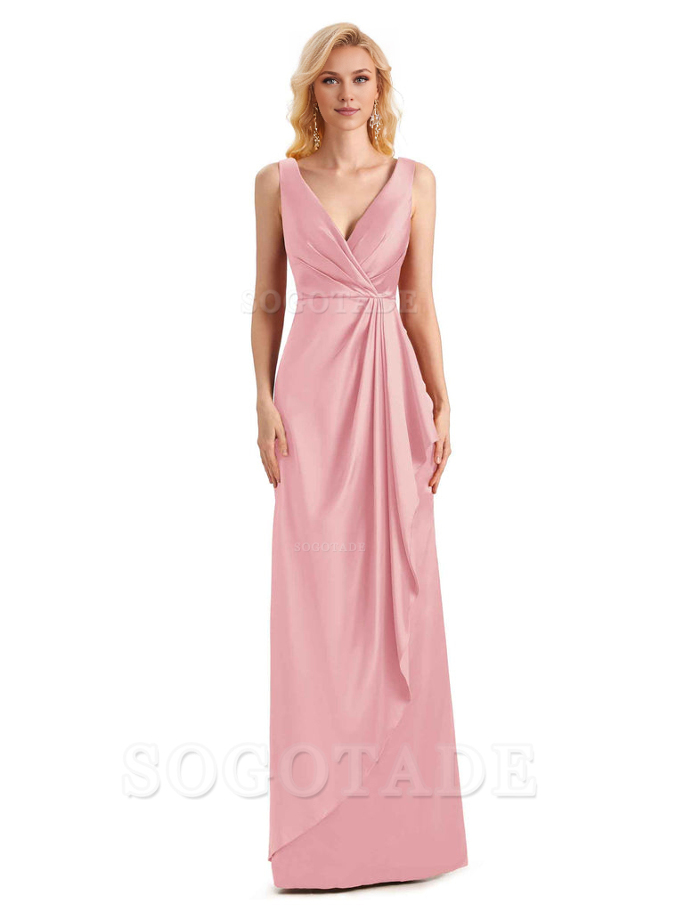 V Neck Elegant Soft Satin Formal Long Maid Bridesmaid Dresses Formal Wear Dresses