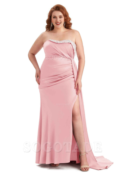Sexy Side Slit Strapless Mermaid Lace Soft Satin Long Plus Size Maid of Honor Dresses