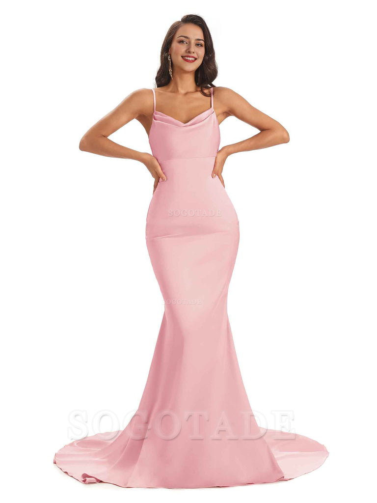 Sexy Backles Soft Satin Spaghetti Straps Maxi Mermaid Bridesmaid Dresses Online prom shop dresses