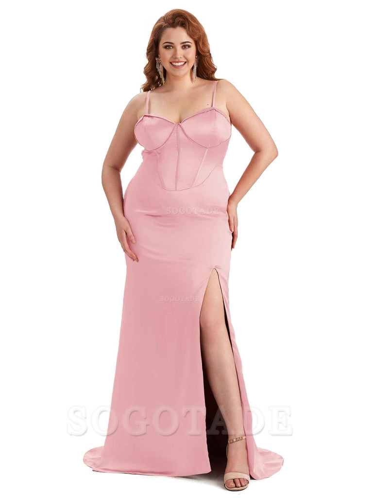Sexy Spaghetti Straps Side Slit Sleeveless Mermaid Soft Satin Long Bridesmaid Dress Plus Size Dress To Wear to a Wedding