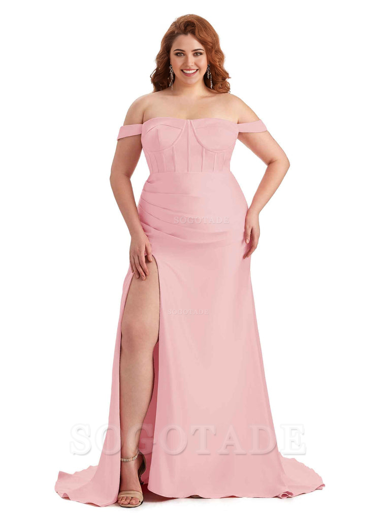 Elegant Off The Shoulder Side Slit Mermaid Soft Satin Floor Length Long Plus Size Bridesmaid Gowns