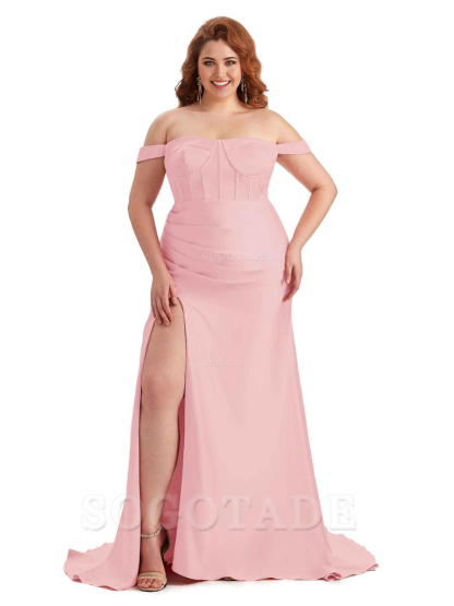 Elegant Off The Shoulder Side Slit Mermaid Soft Satin Floor Length Long Plus Size Bridesmaid Gowns