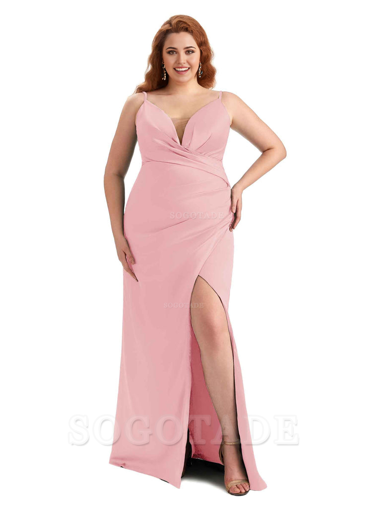 Sexy Side Slit Spaghetti Straps Sleeveless Mermaid V-neck Soft Satin Long Plus Size Bridesmaid Dress For Wedding