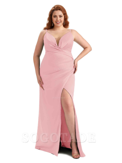 Sexy Side Slit Spaghetti Straps Sleeveless Mermaid V-neck Soft Satin Long Plus Size Bridesmaid Dress For Wedding