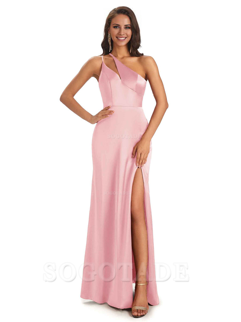 Sexy Soft Satin Side Slit One Shoulder Floor-Length Mermaid Long Bridesmaid Dresses Elegant Evening Party Dress