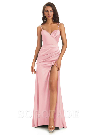 Sexy Soft Satin Side Slit Spaghetti Straps Long Maxi Mermaid Bridesmaid Dresses Elegant Evening Party Dress