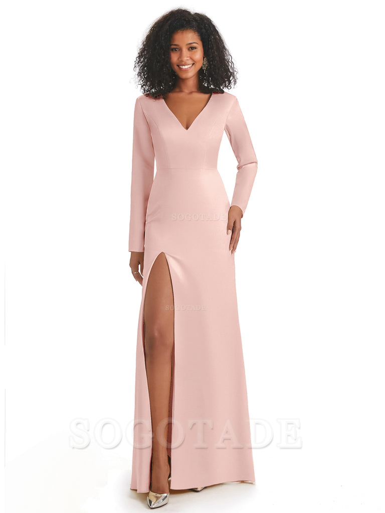 Soft Satin Side Slit Long Sleeves V-Neck Long African Mermaid Bridesmaid Dresses Elegant Evening Party Dress