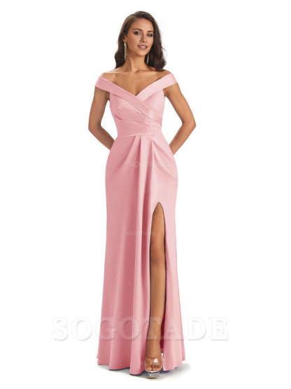 Sexy Soft Side Slit Off Shoulder V-Neck Long Satin Ladies Bridesmaid Dresses Elegant Evening Party Dress