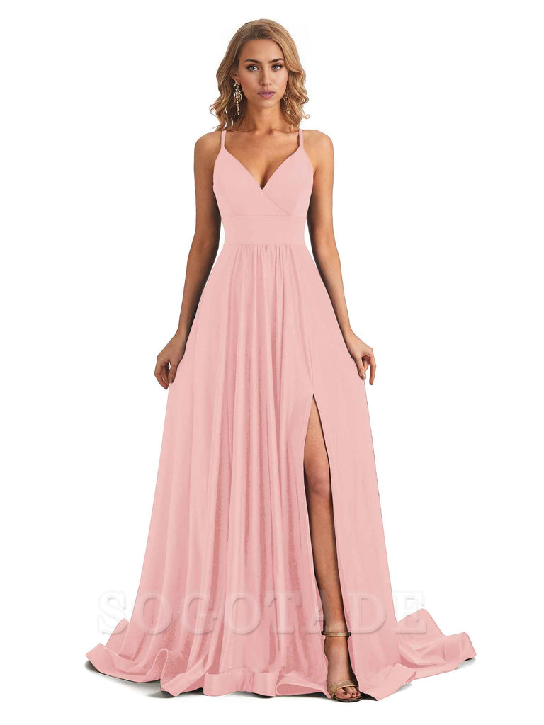 Elegant Spaghetti Straps A-Line Long Formal Bridesmaid Dresses With Side Slit Stretchy Jersey Elegant Evening Party Dress