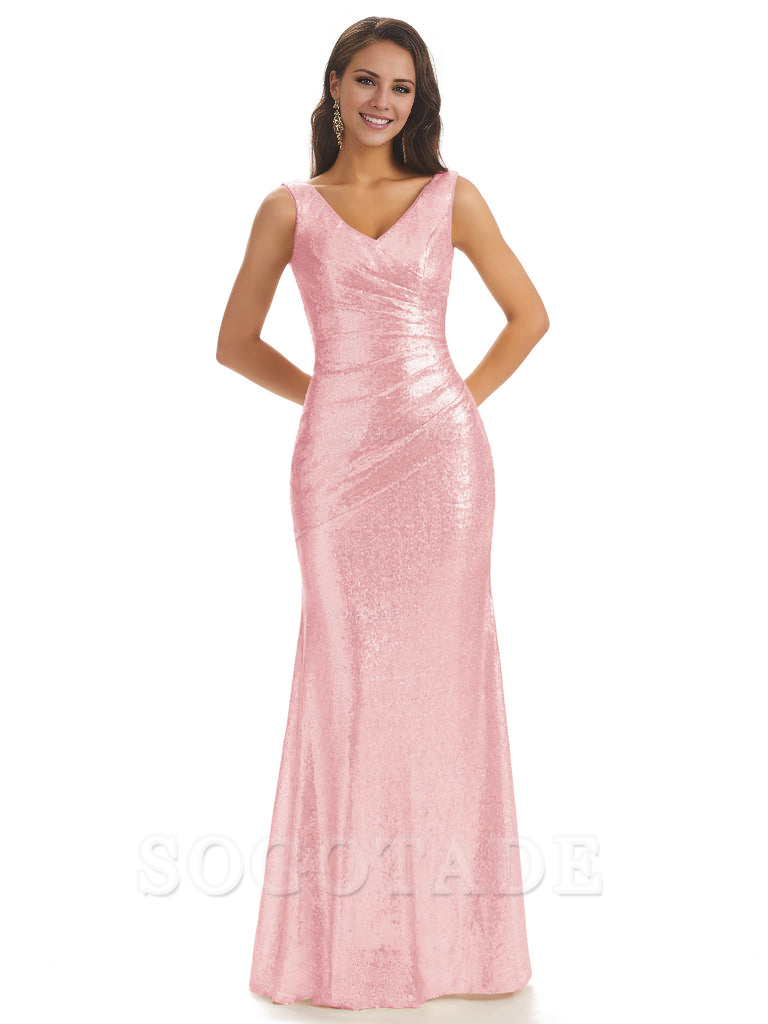 Sexy Sequin V-Neck Sparkly Long Mermaid Bridesmaid Dresses Charming Evening Party Dress