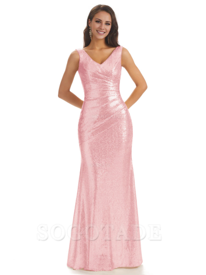 Sexy Sequin V-Neck Sparkly Long Mermaid Bridesmaid Dresses Charming Evening Party Dress