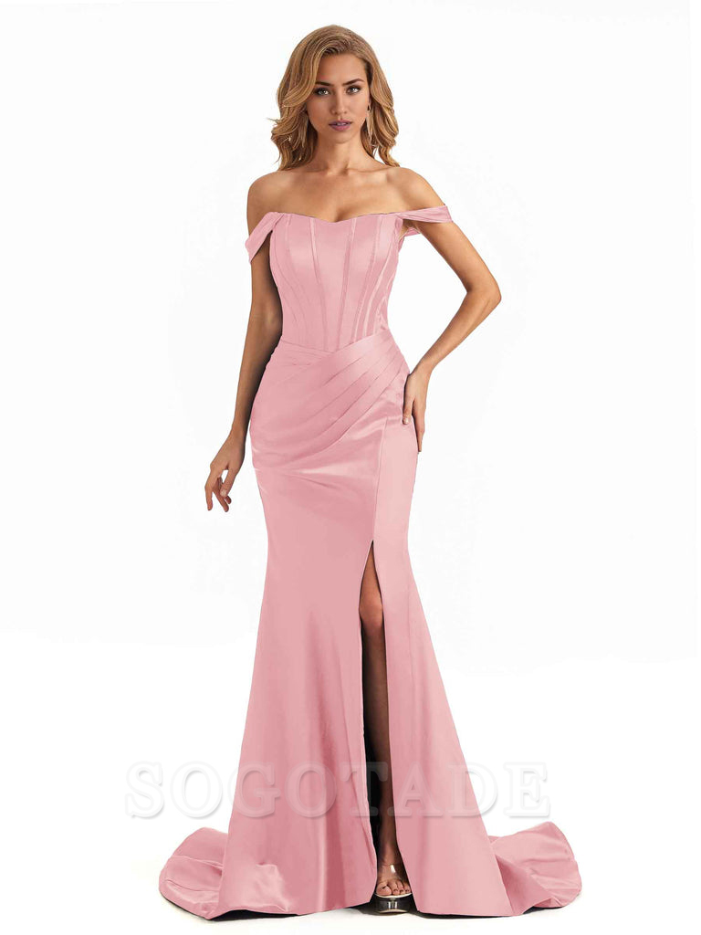 Sexy Long Mermaid Bridesmaid Dresses Off The Shoulder with Side Slit Satin Elegant Evening Party Dress 