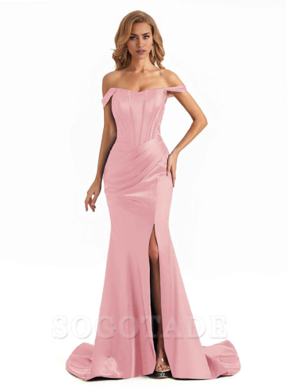 Sexy Long Mermaid Bridesmaid Dresses Off The Shoulder with Side Slit Satin Elegant Evening Party Dress 