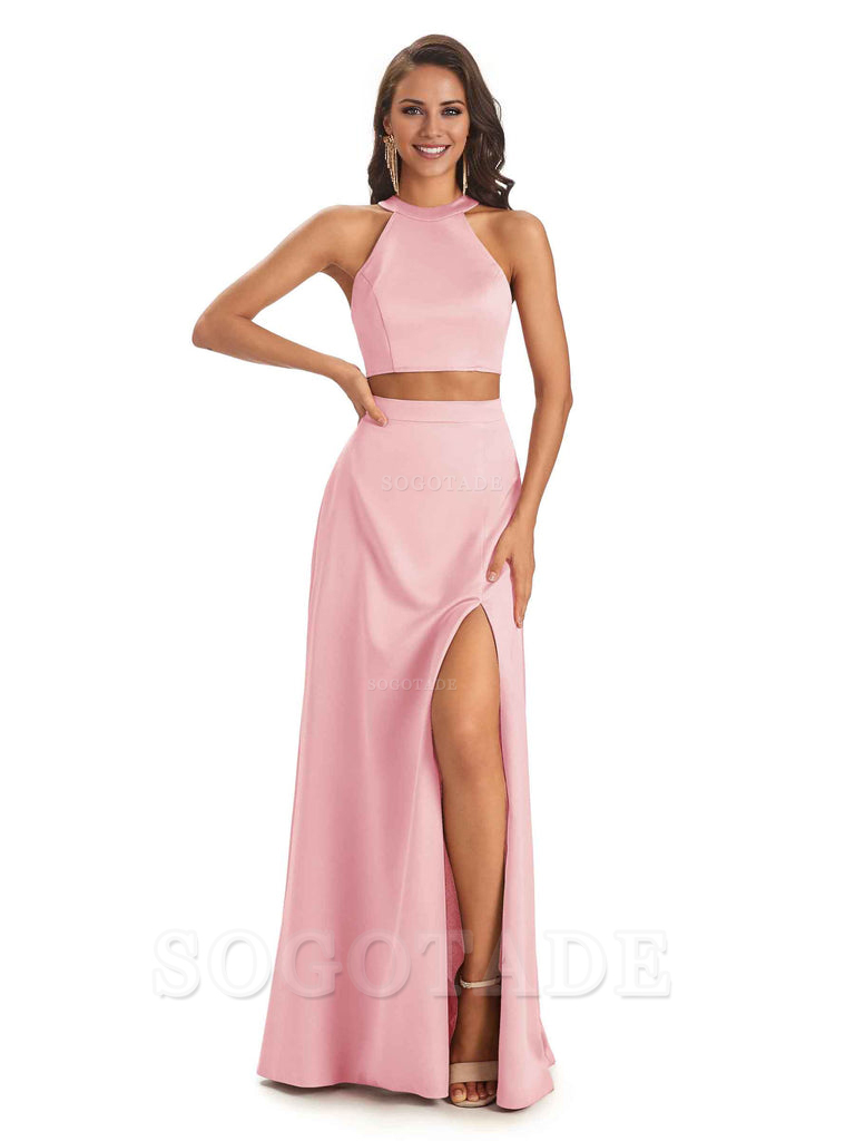 Soft Satin Two-Pieces Halter Side Slit Sexy Fashion Bridesmaid Dresses Charming Evening Party Dress