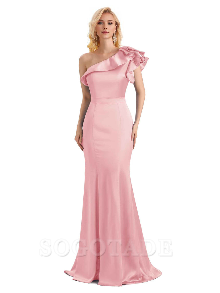 One Shoulder Long Mermaid Bridesmaid Dresses Soft Satin Charming Evening Party Dress