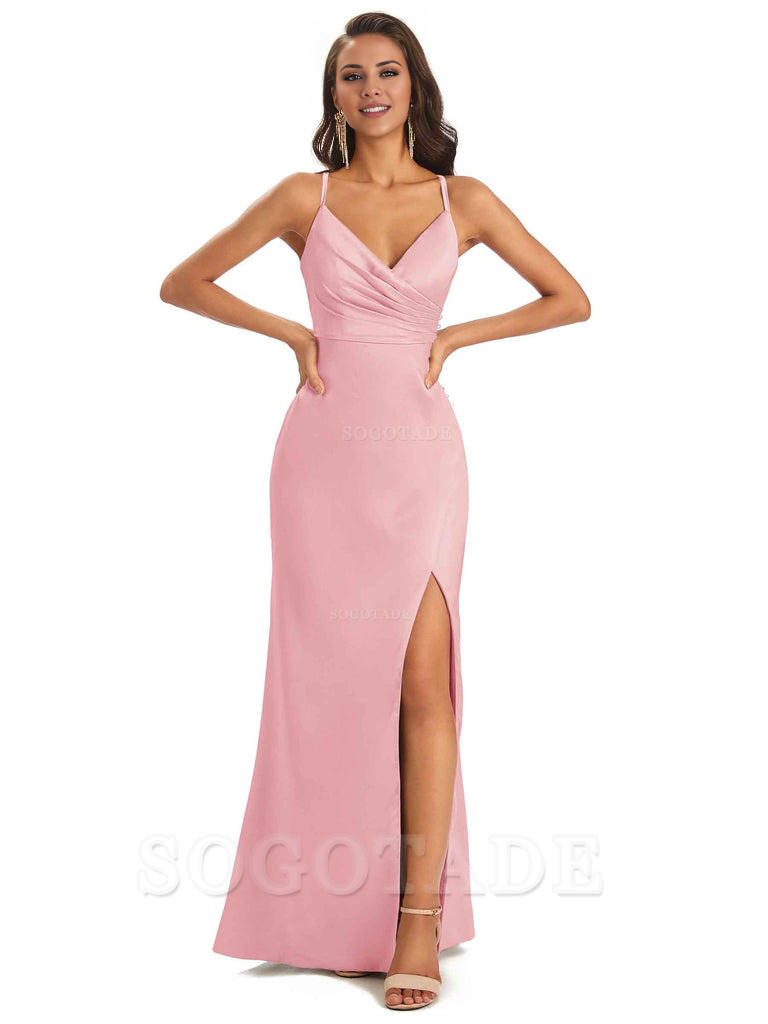 Soft Satin Side Slit Spaghetti Straps Long Unique Mermaid Bridesmaid Dresses Elegant Evening Party Dress