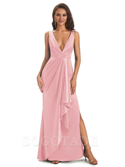 Sexy Satin V-Neck Floor-Length Long Bridesmaid Dresses with Side Slit Elegant Evening Party Dress