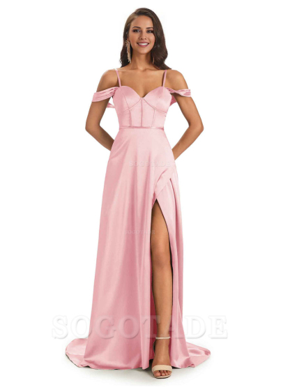 Stylish Soft Satin Side Slit Spaghetti Straps Bridesmaid Dresses Elegant Evening Party Dress