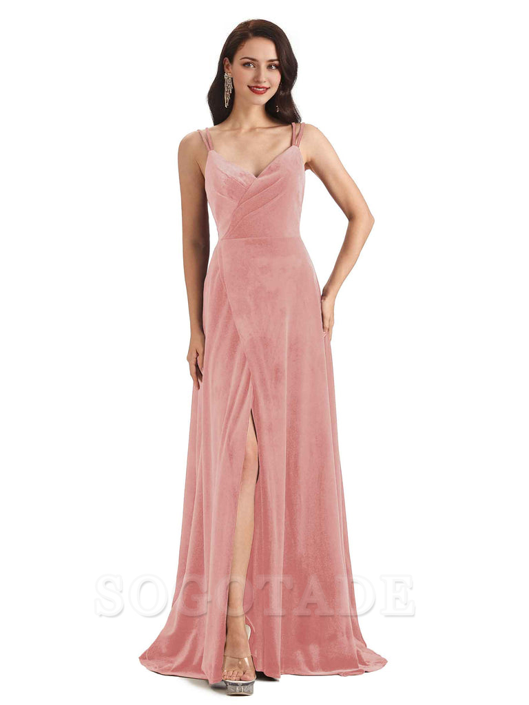 Sexy Velvet Long Bridesmaid Dresses Spaghetti Straps Open Back with Side Slit