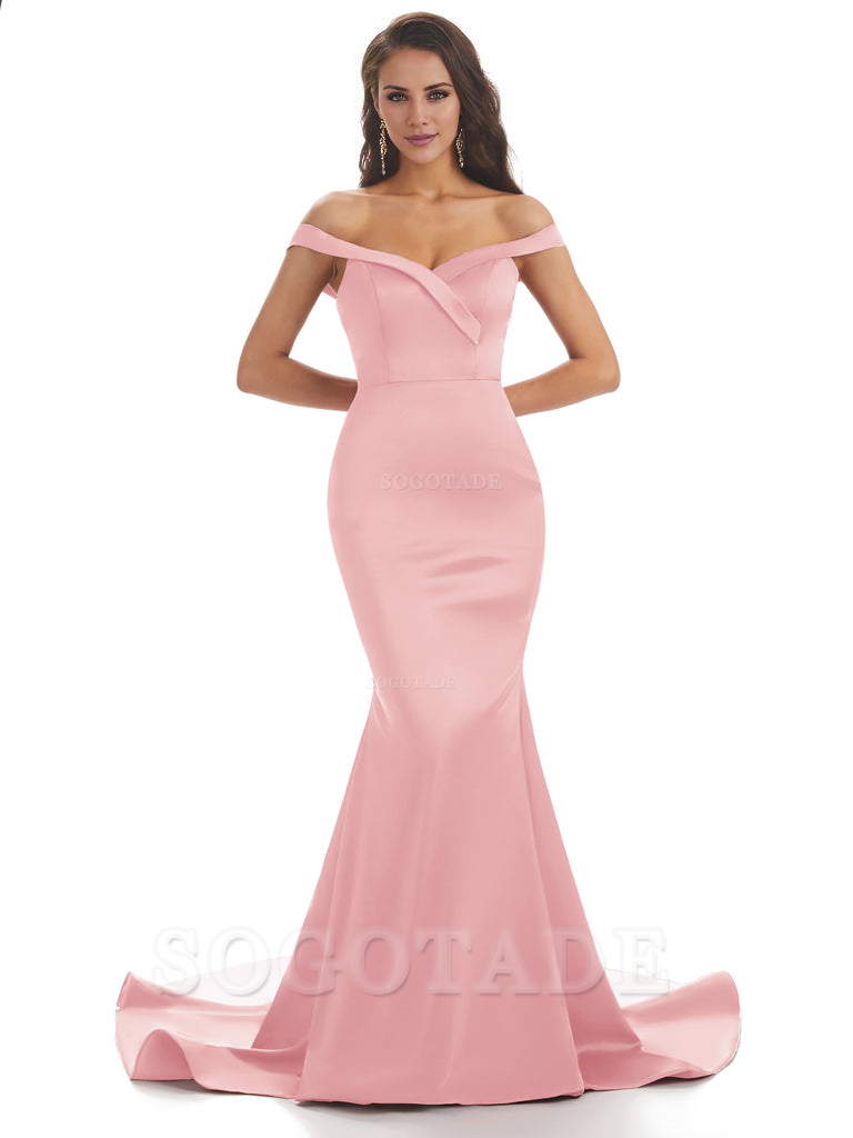 Elegant Off The Shoulder Soft Satin Mermaid Long Bridesmaid Dresses Charming Evening Party Dress