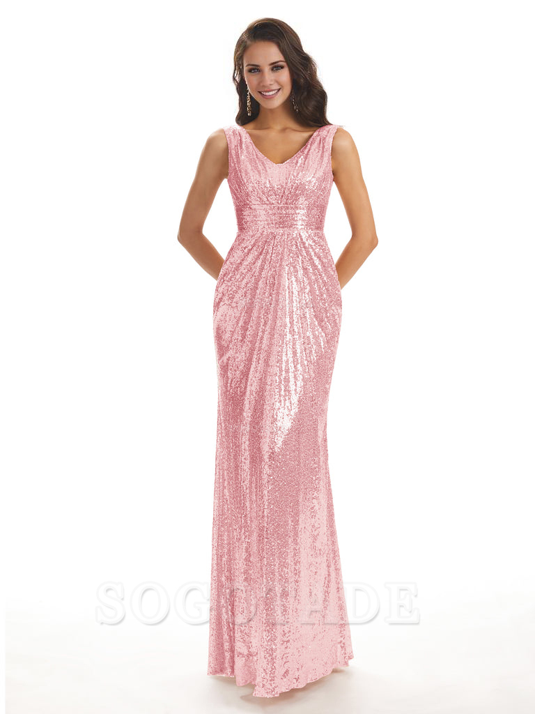 Sparkly V-Neck Sequin Long Mermaid Bridesmaid Dresses Sleeveless Charming Evening Party Dress