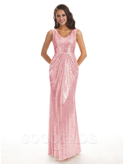 Sparkly V-Neck Sequin Long Mermaid Bridesmaid Dresses Sleeveless Charming Evening Party Dress
