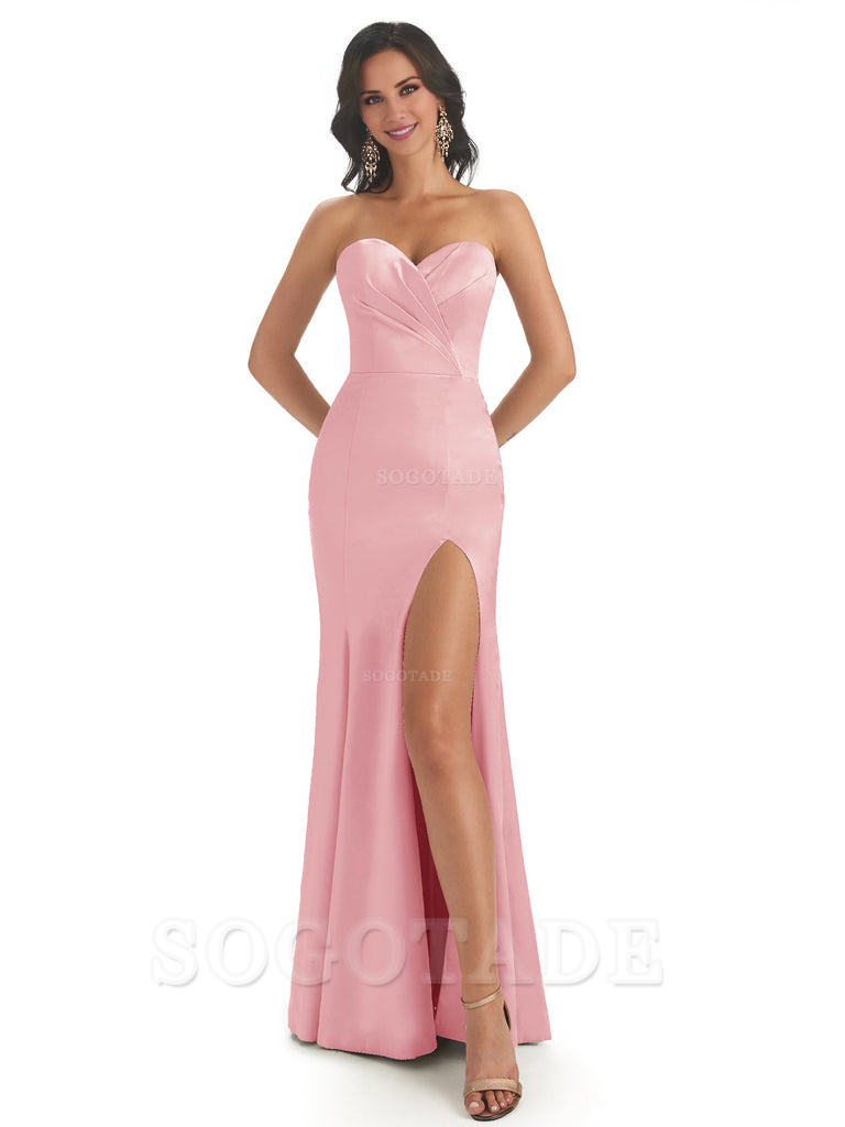 Simple Soft Satin Side Slit Sweetheart Long Mermaid Bridesmaid Dresses Elegant Evening Party Dress