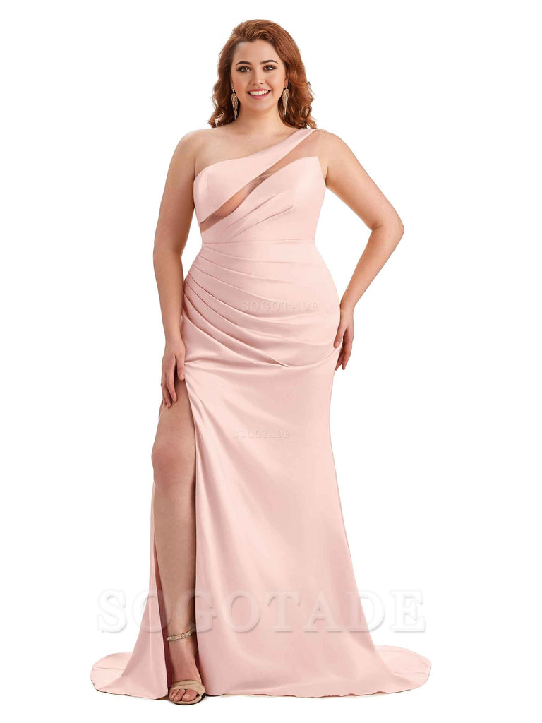 Sexy Unique Sleeveless One Shoulder Side Hight Slit Mermaid Soft Satin Long Plus Size Maid of Honour Dresses