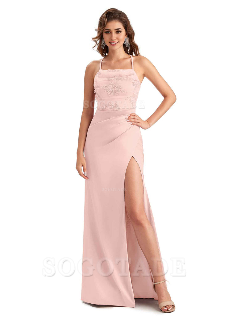 Sexy Side Slit Mermaid Lace Silky Satin Long Wedding Day Guest Dresses