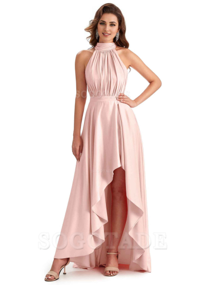 Soft Satin High Neck High Low A-Line Unique Bridesmaid Dresses Online
