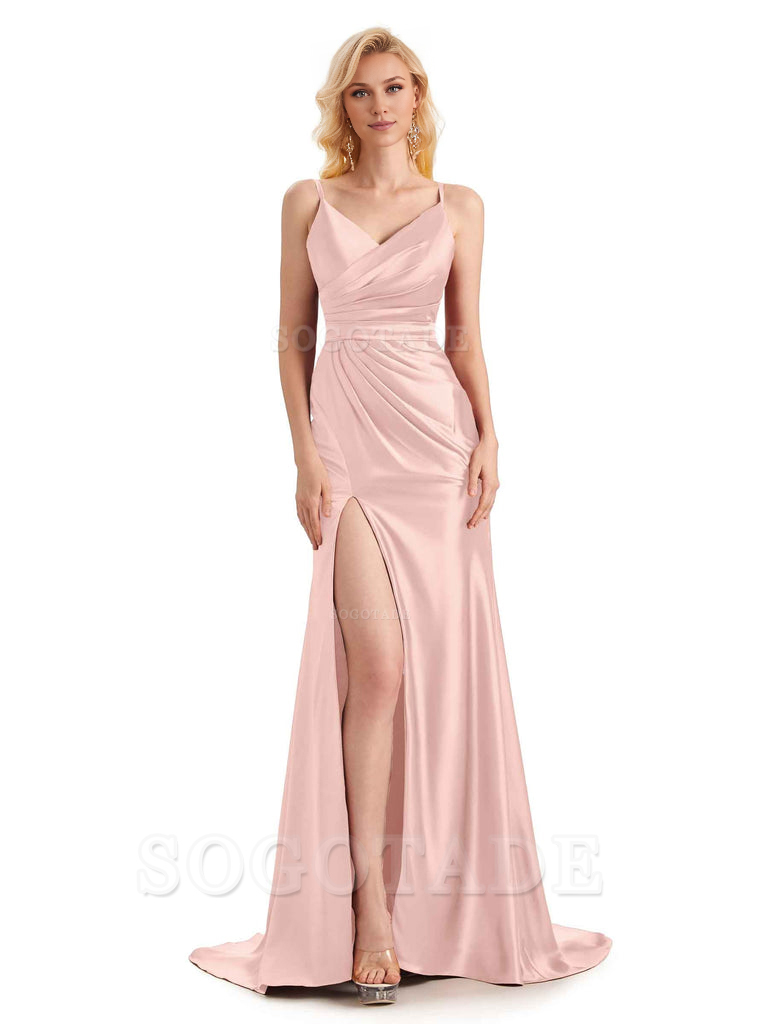 Sexy Charming Side Slit V-Neck Pleated Spaghetti Straps Backless Satin Bridesmaid Dresses Formal Women's Dresses Wedding Guests Dresses